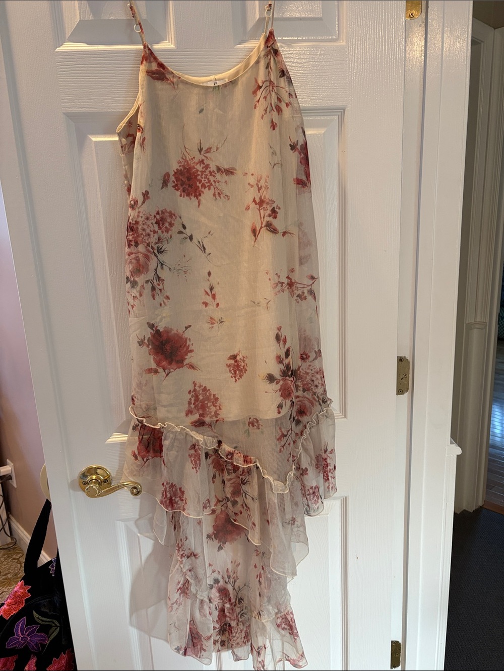 Madison & Berkeley Cream High-Low Floral Ruffle dress with Rose Print